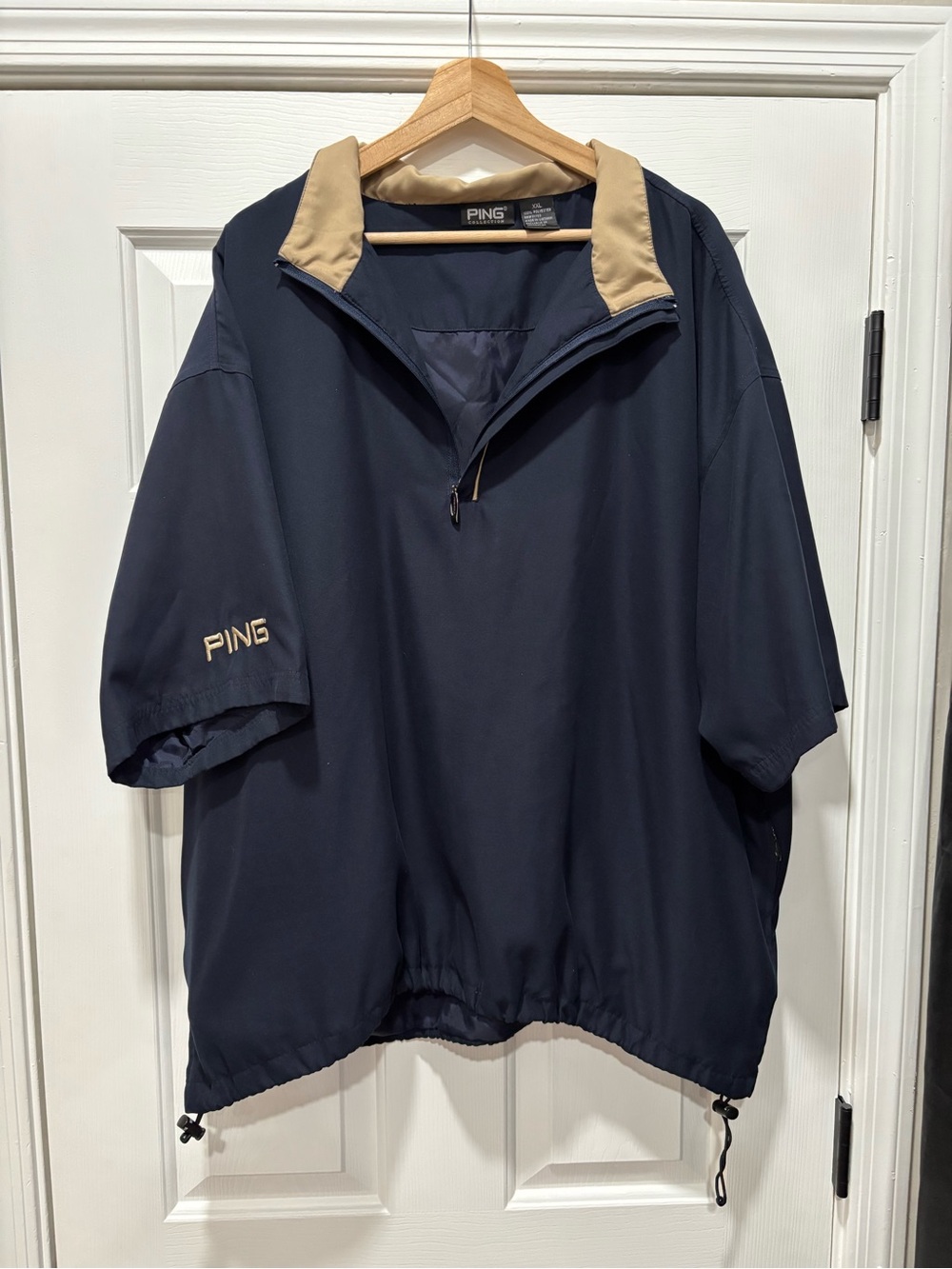 PING Collection Navy Short-Sleeve Pullover with Tan Collar